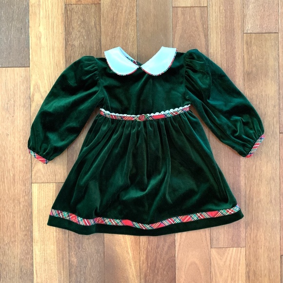 Rose Cottage Other - Toddle Girls Green Velvet Plaid Trim Peter Pan Collar Dress 2T Holiday